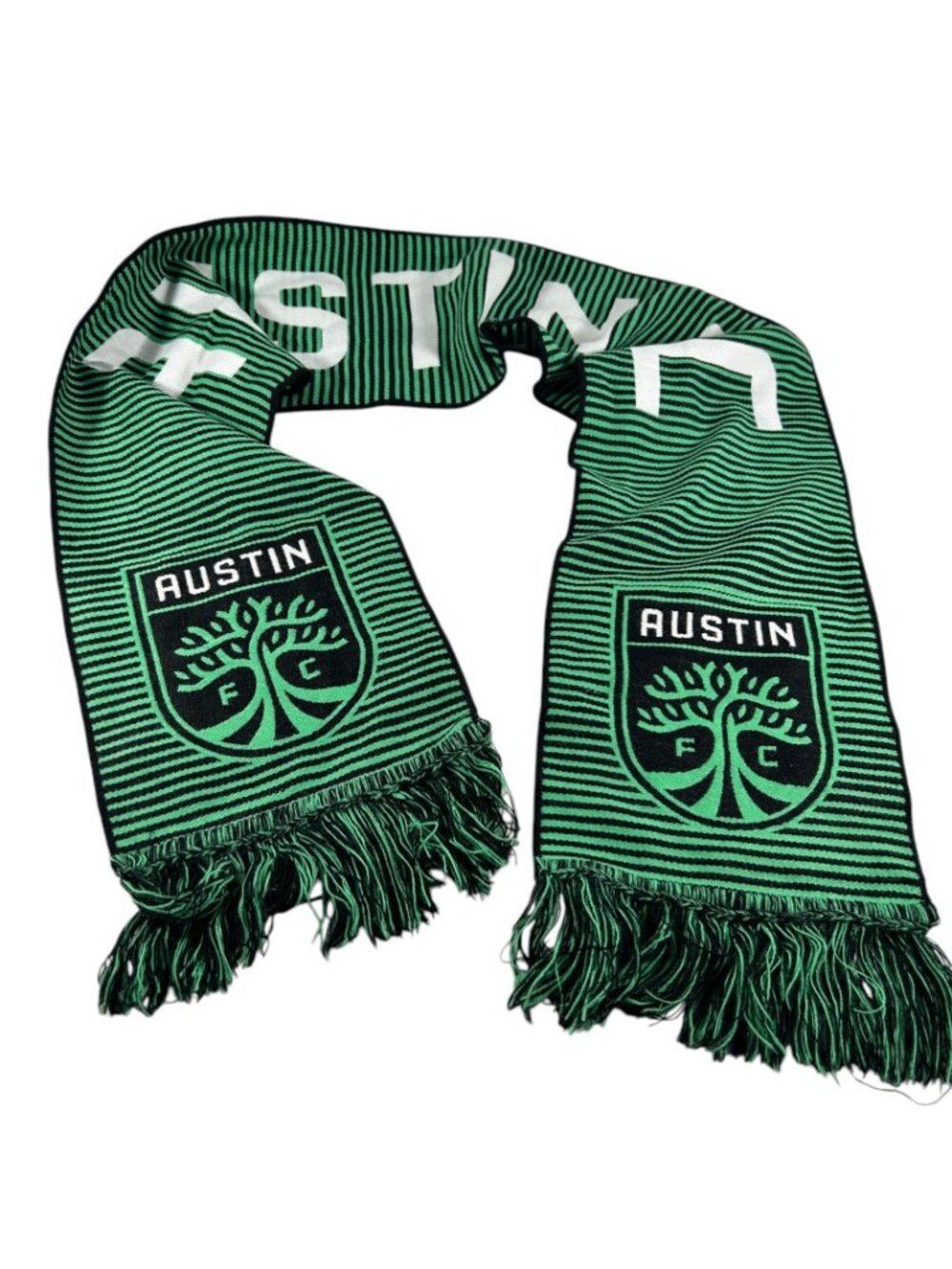 Ruffneck Austin FC Soccer Scarf Grow the Legend Green Black Striped Fringe 64"